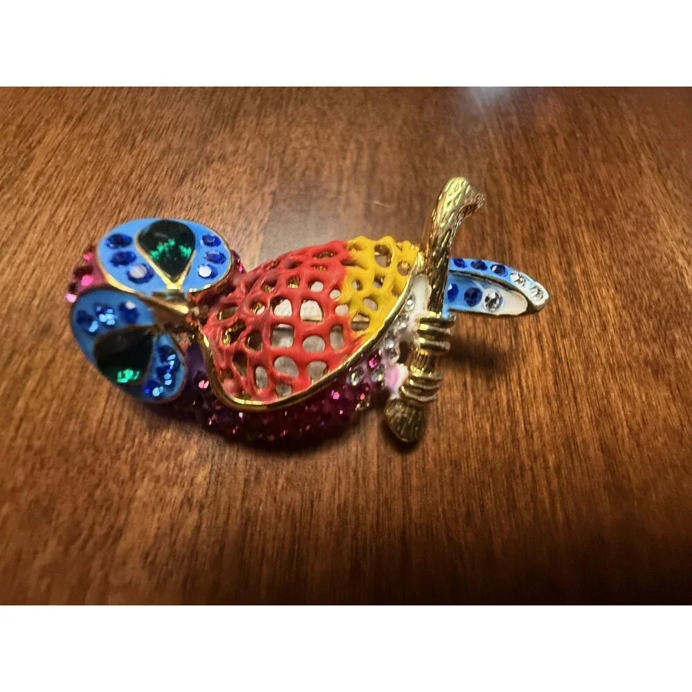 Vintage Rhinestone & Enamel Bird Owl Brooch Pin Vibrant Rainbow Color Gold-Tone